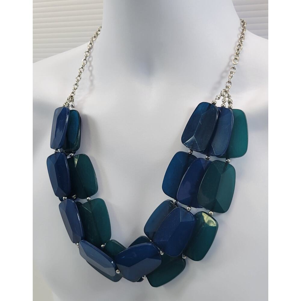 *L33) Layered 3 Strand Blue Flat Bead Costume Jewelry Necklace Chain - Picture 3 of 8